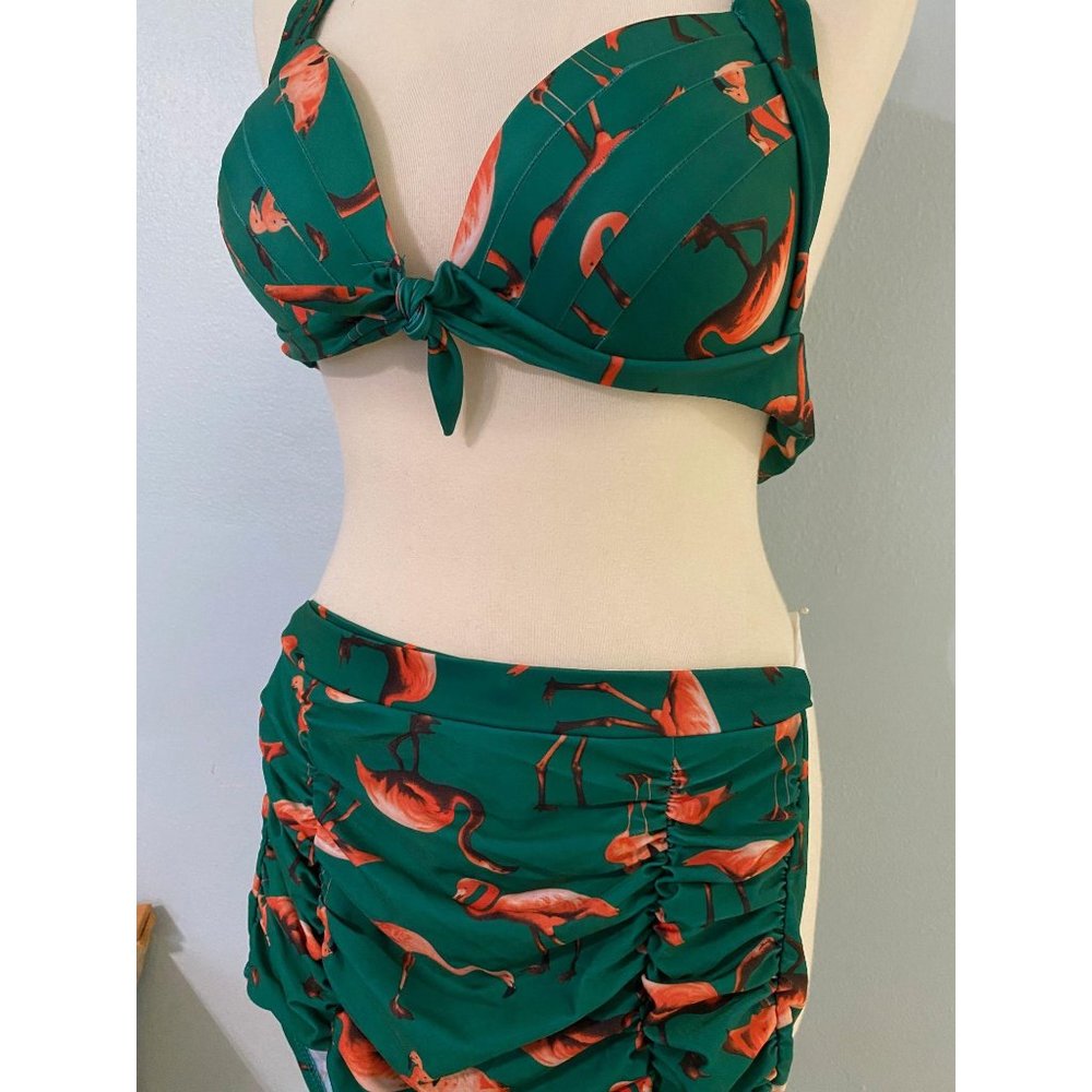 Vintage Green Flamingos High Waist Bikini Set - Picture 2 of 5